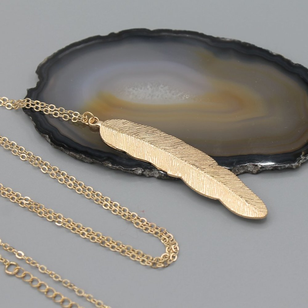 Jewelry necklace feather yellow gold tone boho long modern minimalist
